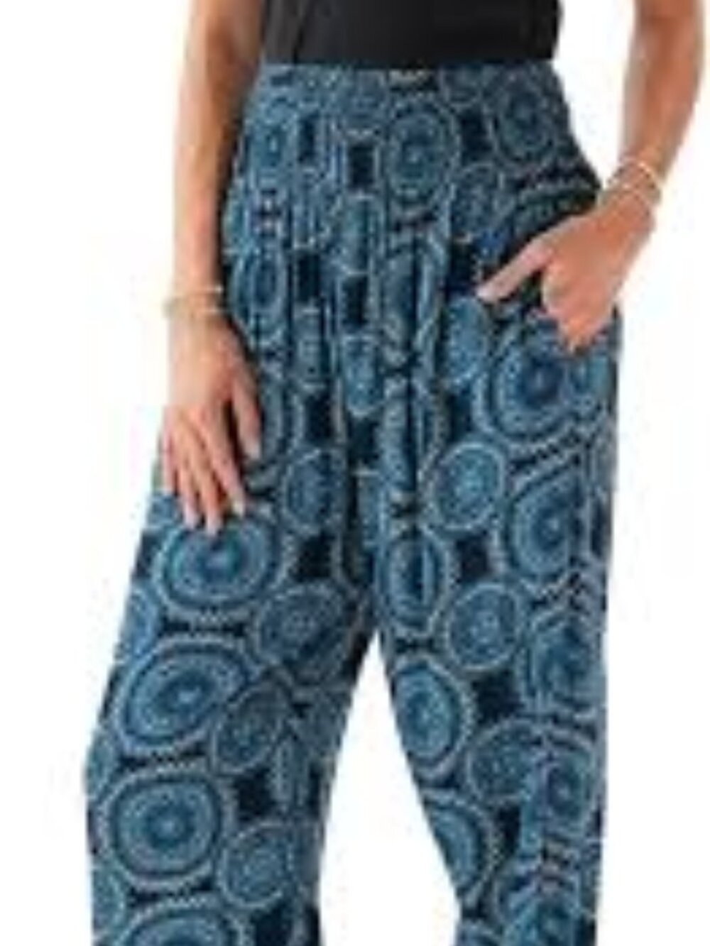Lotus & Luna Thailand Blue Tie Dye Harem Jogger Pants Boho Smocked L Pockets